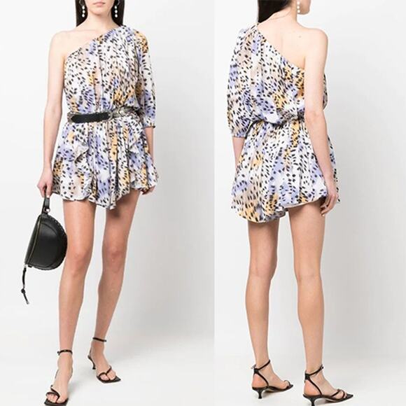 NEW Iro Single Shoulder Animal Print Silk Playsuit Women's Multi Size: XS